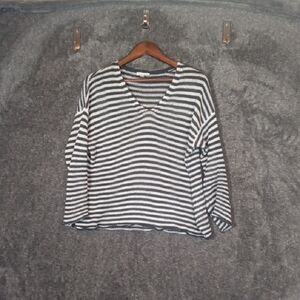 Eileen Fisher Black and White Striped Knit Top V Neck Linen Vacation Size Medium